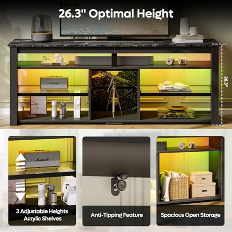 Bestier TV Stand for 65/70 inch TV, Tall Entertainment Center with 2 Led Lights, Gaming TV Console with Storage for PS5, Modern TV Cabinet for Bedroom, Living Room, Black Marble Bestier