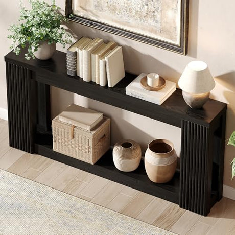 Maupvit Fluted Wooden Console Table with 2 Storage, 71 Inches Rectangular Entryway Table Behind The Couch, Farmhouse Boho Sofa Table for Entrance, Hallway, Living Room (Black) Maupvit
