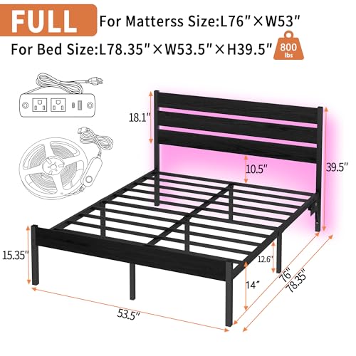 Chuangshuo Guard Full Size Bed Frame with Headboard,Heavy Duty LED Bed Frame with USB Charging Station,Mattress Foundation-Under Bed Storage, No Box Spring Needed, Noise Free，Black Chuangshuo Guard