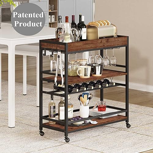 BON AUGURE Bar Cart for The Home, Rolling Home Bar Serving Cart on Wheels, 3 Tier Liquor Beverage Cart for Home Bar with Wine Rack and Glass Holder, Rustic Oak BON AUGURE