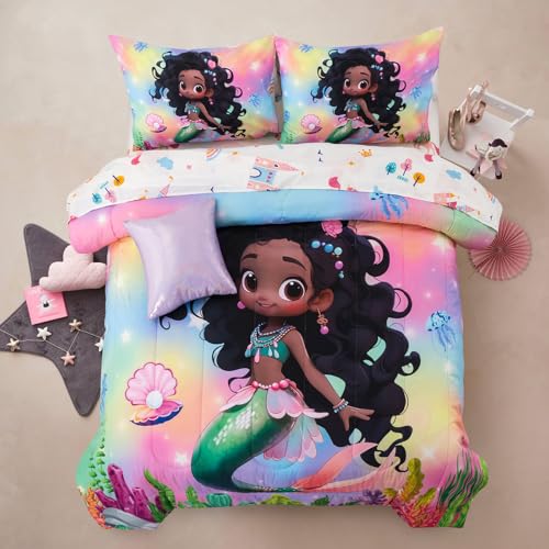 A Nice Night 6pcs Comforter Set,Black Girl Princess Mermaid with Green Tail Printed,Pink Gradient Glitter Rainbow Background Kids Bedding Set,Twin A Nice Night