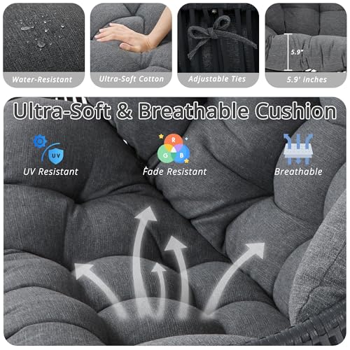 IRONCK Double Egg Chair Outdoor, 2 Person Wicker Lounge Chair, Oversized Thickened Padded Cushions and Headrests, 680 Lbs Egg Loveseat for Indoor, Patio, Living Room, Porch, Balcony, Dark Grey IRONCK