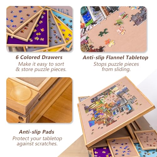Lavievert Angle & Height Adjustable Puzzle Board with 2 Stands/Easels for Adults, Jigsaw Puzzle Plateau with 6 Drawers & Cover, Portable Tilting Table with Non-Slip Tabletop for Up to 1500 Pieces LAVIEVERT