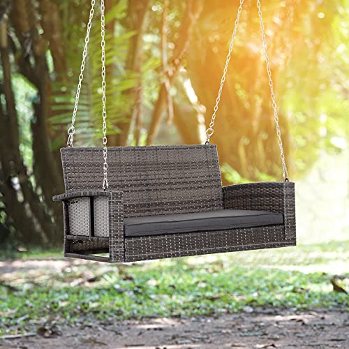 Outsunny 2 Person Wicker Hanging Swing Bench, Front Porch Swing Outdoor Chair with Cushions 550 lbs. Weight Capacity for Backyard, Garden, Grey - WoodArtSupply