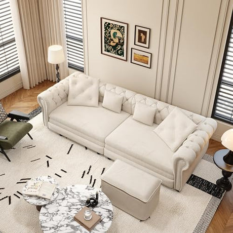 Tabaray 89'' Pull Out Sofa Bed King, Chesterfield Velvet Sleeper Sofa, Convertible L-Shaped Futon Couch, Tufted Back, 4 Pillows, Ottoman, Deep Seat Loveseat Couches for Living Room, Apartment, Beige Tabaray