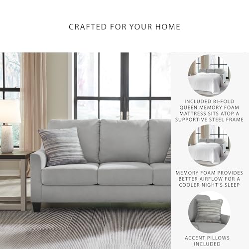 Signature Design by Ashley Adlai Casual 2-in-1 Queen Sofa Sleeper with Folding Memory Foam Mattress and 2 Toss Pillows, Light Gray Signature Design by Ashley
