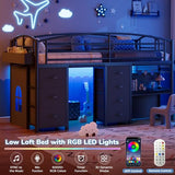 Low Loft Bed Twin Size with 7 Storage Drawers, Desk and LED Lights, Heavy Duty Metal Kids Loft Bed with 12" H Safety Guardrail, Anti-Collision Pad, Private Play Curtain, Under-Bed Play Space - Black Jocoevol