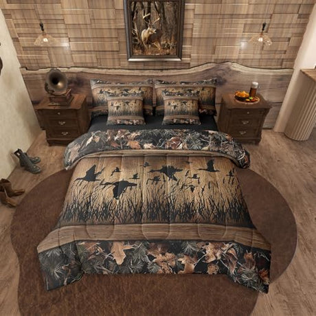 Erosebridal 7 Piece Camo Mallard Duck Comforter Set with Sheets for Kids Boys Men Rustic Farmhouse Cabin Bed in A Bag Queen,Hunting Woodland Duck Bedding Set Country Wood Board Animal Bed Set Erosebridal