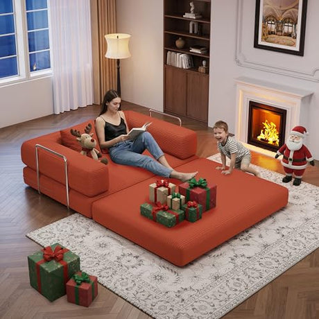 BSHOMGI Folding Sofa Bed, 4 in 1 Convertible Sofas to Lounger Comfy Single Bean Bag Chair Floor Portable Foldable Sleeper Lazy Futon Couch Chair for Bedroom, Living Room (Orange, 53.15" Double Sofa) BSHOMGI