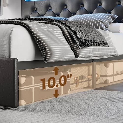 Rolanstar Queen Size Bed Frame with Charging Station, LED Bed with Under Bed Storage, Adjustable Headboard 38.9/40.8 Inches, No Box Spring Needed, Noise Free, Easy Assembly, Black Rolanstar