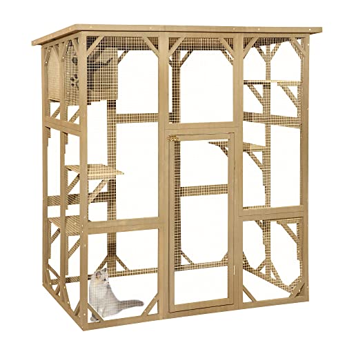 TITIMO Catio Outdoor Cat Enclosure, Large Wooden Outdoor Cat House with Small House, Cat Cage with 6 Platforms and Weather Protection (Nature Wood,63" x 31.1" x 59.33")