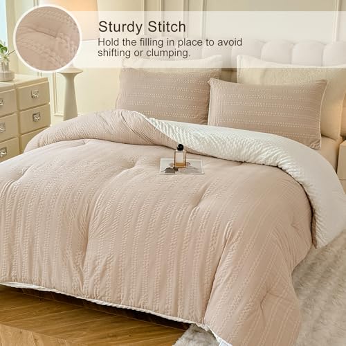 tohrisa Boho Comforter Set Twin Size Striped Pleats Bohemian Seersucker Bedding Set All Season Soft Cozy 2 Pieces Quilt with 1 Pillowcase(68"X90" Beige) tohrisa
