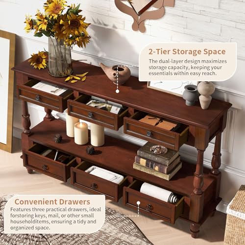 LKTART 54'' Solid Wood Console Table, Farmhouse Entryway Table with 6 Drawers and Shelf, Narrow Long Sofa Table with Storage for Living Room Hallway, Couch, Foyer (Cherry) LKTART