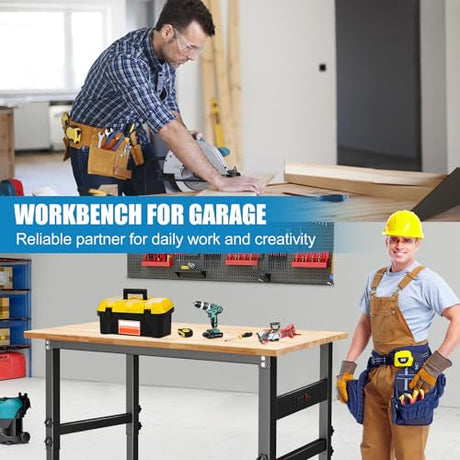 48" Workbench Desk with Power Outlets, Adjustable Height Rubber Wood Top Heavy-Duty Work Table, 2000 LBS Load Capacity Work Station for Garage, Workshop, Office, Home QYDS US