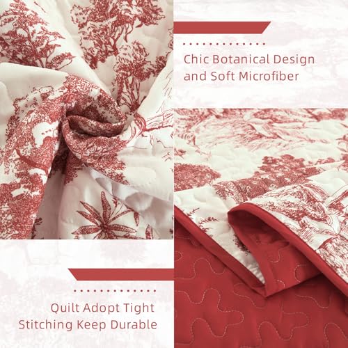 WONGS BEDDING Botanical Quilt Set Queen Size, Red 3 Pieces Floral Plants Printed Bedspread Bedding Set Christmas Soft Lightweight Microfiber Coverlet Set for All Season (96"x90") WONGS BEDDING
