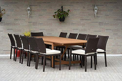 Amazonia Jefferson 13-Piece Patio Extendable Dining Table Set | Light Wicker Chairs | Ideal for Outdoors and Indoors, Brown-Teak Finish