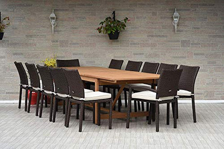 Amazonia Jefferson 13-Piece Patio Extendable Dining Table Set | Light Wicker Chairs | Ideal for Outdoors and Indoors, Brown-Teak Finish Amazonia