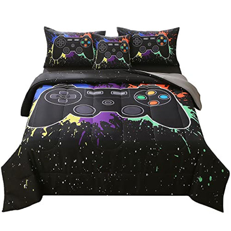 JQinHome Twin Gamer Comforter Sets for Boys&Girls ,6 Piece Bed in A Bag 3D Video Game Bedding -All Season Microfiber Gamer Bedding Sets for Kids, with Pillowcase, Flat & Fitted Sheet,Cushion Cover JQinHome