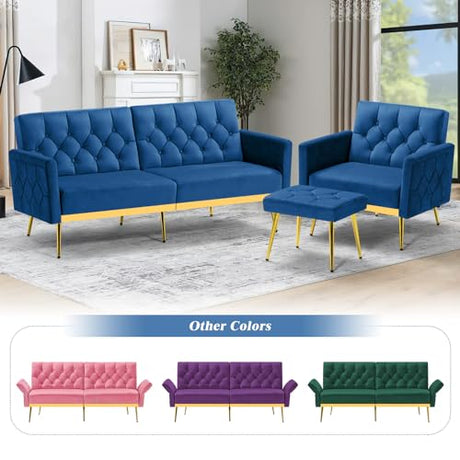ACMEASE Velvet Futon Sofa Bed w/Adjustable Armrests & Backrests, Button Tufted Sleeper Couch, Modern Convertible Loveseat Sofa for Bedroom, Living Room, Apartment, Blue ACMEASE