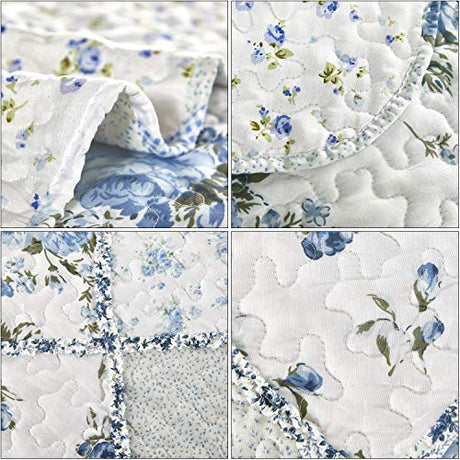 VIVILINEN Blue Floral Patchwork Quilt Set King Size Reversible Quilted Bedding Set with 2 Pillowcases VIVILINEN
