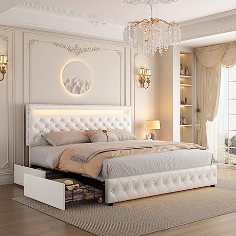 GEGOFORU Full Led Bed Frame with 4 Storage Drawers, with Smart Control RGBW LED Lights Headboard Footboard, Control DIY Color, Box Spring Optional, PU White Generic