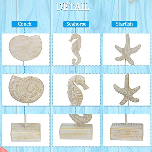 Exttlliy 3pcs Wood Handmade Beach Nautical Style Figurines Starfish/Conch/Seahorse Statue Home Decor Exttlliy
