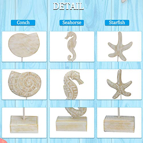 Exttlliy 3pcs Wood Handmade Beach Nautical Style Figurines Starfish/Conch/Seahorse Statue Home Decor