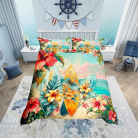 Manfei Surfing Duvet Cover Set Twin Size,Tropical Palm Trees Leaves Flowers Bedding Set for Boys Girls,Surfboards Summer Beach Comforter Cover,Blue Red Colorful Quilt Cover,1 Pillowcase(No Filler) Manfei