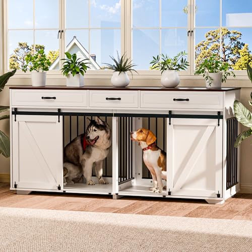Zamildon's 71 in Dog Crate Furniture for 1 or 2 Dogs, Large Double Dog Cage with 3 Storage Drawers and Removable Divider, Dog Kennel Indoor As TV Stand with Sliding Barn Door Zamildon's