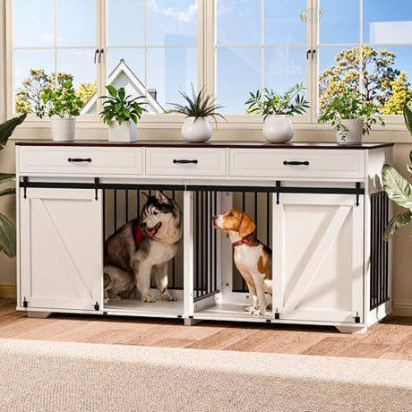 Zamildon's 71 in Dog Crate Furniture for 1 or 2 Dogs, Large Double Dog Cage with 3 Storage Drawers and Removable Divider, Dog Kennel Indoor As TV Stand with Sliding Barn Door Zamildon's