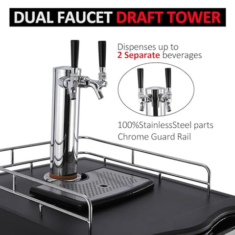 TROPOW 6.1 CF Beer Kegerator, Dual Tap Draft Beer Dispenser, Full Size Stainless Steel Keg Refrigerator With Drip Tray, 32°F- 50°F Temperature Control, 170L TROPOW