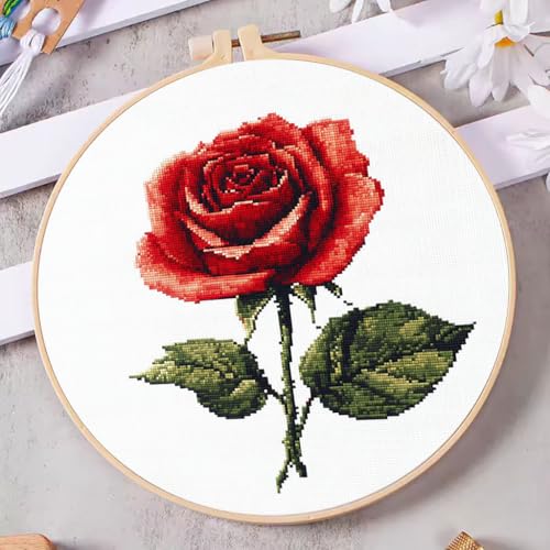 DIY Cross Stitch Kits Red Rose Easy for Beginners with Hoop 11CT Needlepoint Embroidery Stamped Counted Cross Stitch Set Craft Wall Decor 20x20cm-2