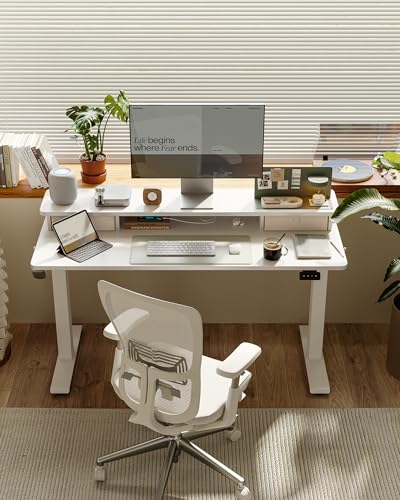 FEZIBO 55 x 24 Inch Height Adjustable Electric Standing Desk with Double Drawer, Stand up Home Office Computer Desk with 4 Height-Adjustable Feets & 2 Hooks, White FEZIBO