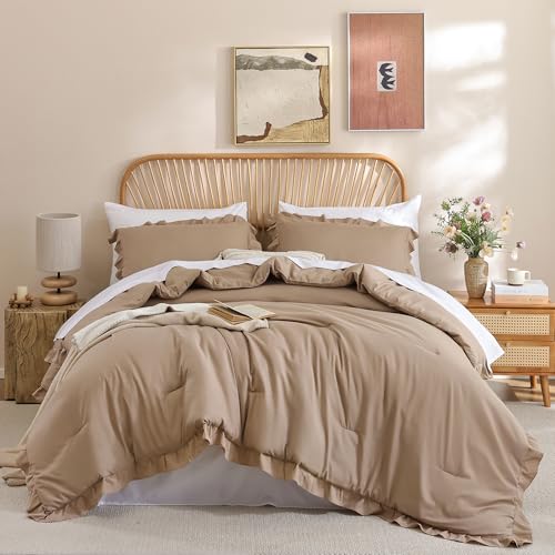 JANZAA Queen Ruffled Comforter Set 3PCS (1 Taupe Comforter Set and 2 Pillowcases) Vintage Farmhouse Shabby Chic Bedding Soft Fluffy Bed Set All Season JANZAA