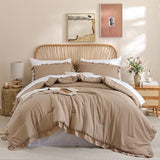 JANZAA Queen Ruffled Comforter Set 3PCS (1 Taupe Comforter Set and 2 Pillowcases) Vintage Farmhouse Shabby Chic Bedding Soft Fluffy Bed Set All Season JANZAA