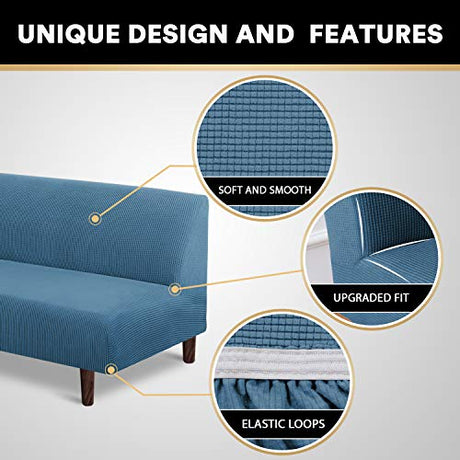 PrinceDeco Stretch Armless Futon Cover - Full Queen Size Sofa Slipcover - Furniture Protector With Elastic Bottom, Checked Pattern Jacquard, Dusty Blue PrinceDeco