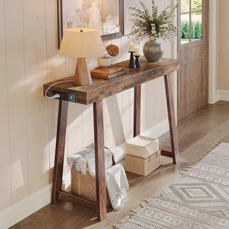 Huuger Entryway Console Table with Charging Station, USB-C Port, 39.4 Inch Sofa Table with Metal Legs, Entry Hallway Table with Thicker Desktop, Modern Behind Couch Table, Rustic Brown Huuger