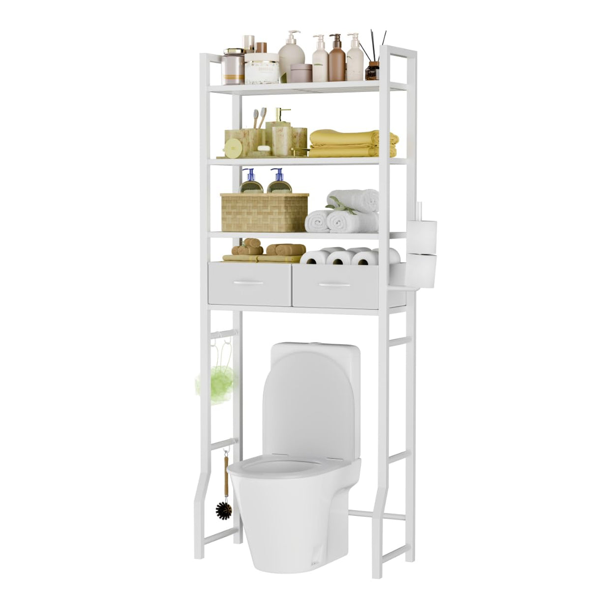 Simple Trending 4 Tier Over The Toilet Storage with Drawers, Heavy Duty Bathroom Stand Organizer Metal Shelves for Laundry, White Simple Trending