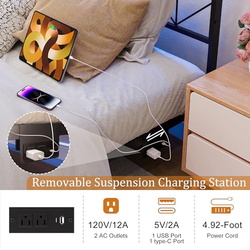 HAUSOURCE Twin Size Floating Bed Frame with Storage Headboard Metal Platform Bed Frame with LED Lights and Charging Station Easy Assembly No Box Spring Needed HAUSOURCE