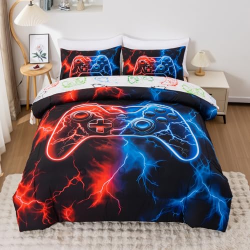Meeting Story Full Size Bed in A Bag 5 Pieces Gaming Bedding Set for Boys RedBlue Gamer Comforter with Sheet Set for Kids Teen Cool Video Game Black Quilt Bedding Set(RedBlue) Meeting Story