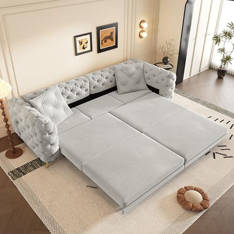 Tabaray 97.7'' Pull Out Sofa Bed King, Chesterfield Velvet Sleeper Sofa, Convertible L-Shaped Futon Couch, Tufted Back, Ottoman, Deep Seat Loveseat Couches for Living Room, Apartment, Light Gray Tabaray