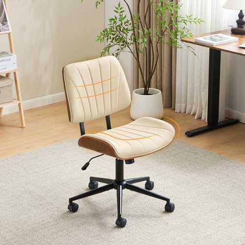 VINGLI Wide Curved Seat&Back Armless Home Office Chair,Ergoromic Adjustable-Height Desk Chair,Swivel&Tilting Function,Stylish Walnut Task Chair for Meeing Room,Dining Room,PU,Khaki VINGLI