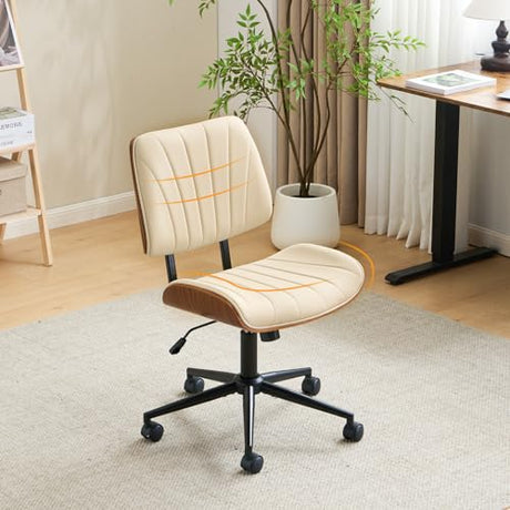 VINGLI Wide Curved Seat&Back Armless Home Office Chair,Ergoromic Adjustable-Height Desk Chair,Swivel&Tilting Function,Stylish Walnut Task Chair for Meeing Room,Dining Room,PU,Khaki VINGLI