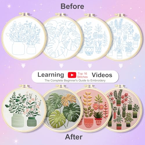 Huacan Embroidery Kit for Adults Beginner - Embroidery Kits 4 Pcs Stamped Stitch Practice Multiple Pattern Bouquet with 4 Hoops, DIY Sewing Kit with Gift Box 7.9 x 7.9 Inch