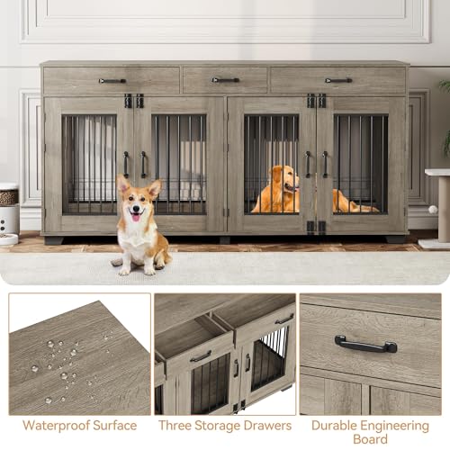 71''Wooden Dog Crate Furniture for 2 Dogs, XXL Indoor Double Dog Kennel with 3 Storage Drawers and Removable Divider, Wooden Double Doors, Large Dog Crate TV Stand End Table, Gray GarveeTech
