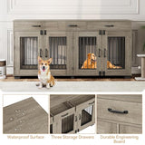 71''Wooden Dog Crate Furniture for 2 Dogs, XXL Indoor Double Dog Kennel with 3 Storage Drawers and Removable Divider, Wooden Double Doors, Large Dog Crate TV Stand End Table, Gray GarveeTech