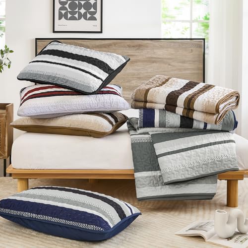WONGS BEDDING Quilt Set Queen Size, Brown Striped Pattern Bedspread,Lightweight Summer Coverlet Bedding Set for Bed 96"x90" WONGS BEDDING
