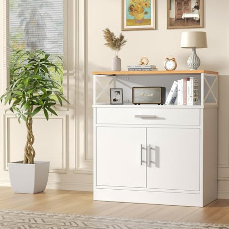 Shintenchi Kitchen Buffet Cabinet with Adjustable Shelf, Modern Kitchen Storage Cabinet,Farmhouse Coffee Bar Cabinet（White） Shintenchi