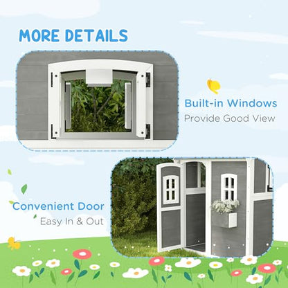 Outsunny Playhouse for Kids Outdoor, Wooden Playhouse with Floors, Doors, Windows, Planter Box, for 3-8 Years Old, Backyard, Lawn, Garden, Gray