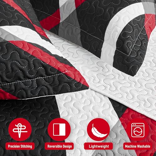 weesire Black and Red Bedding Quilt King Size with 2 Shams, Modern Stripe Comforter Sets Classic Line Pattern Bedspreads Grey and Red Coverlet, 96''x106'' weesire